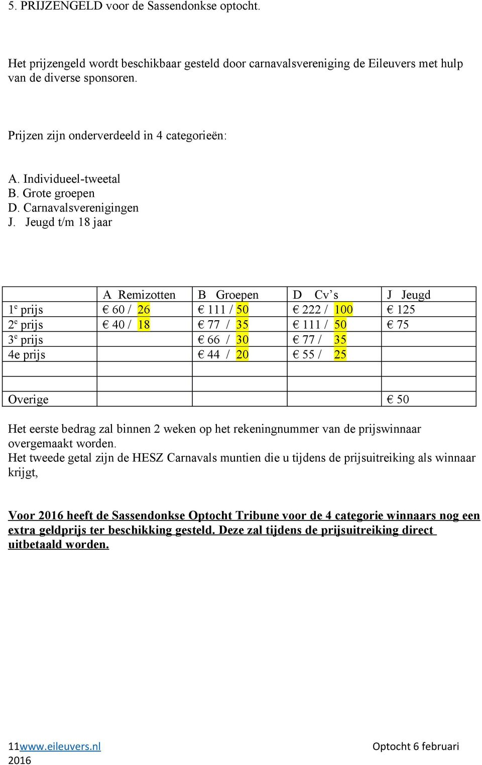 Jeugd t/m 18 jaar A Remizotten B Groepen D Cv s J Jeugd 1 e prijs 60 / 26 111 / 50 222 / 100 125 2 e prijs 40 / 18 77 / 35 111 / 50 75 3 e prijs 66 / 30 77 / 35 4e prijs 44 / 20 55 / 25 Overige 50