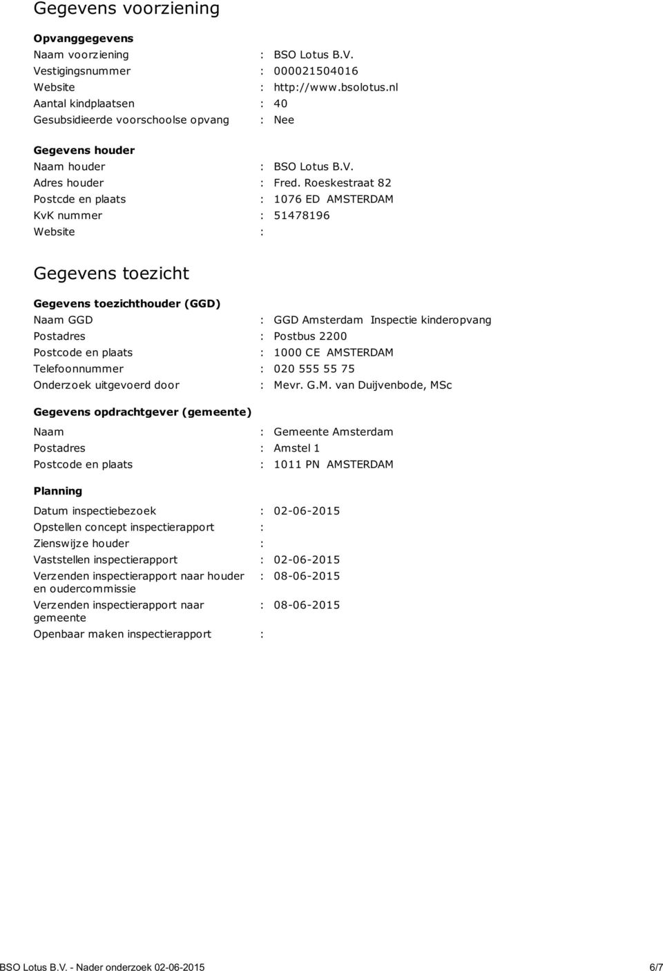 Roeskestraat 82 Postcde en plaats : 1076 ED AMSTERDAM KvK nummer : 51478196 Website : Gegevens toezicht Gegevens toezichthouder (GGD) Naam GGD : GGD Amsterdam Inspectie kinderopvang Postadres :