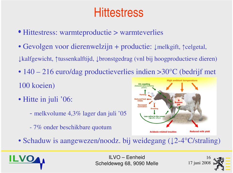 euro/dag productieverlies indien >30 C (bedrijf met 100 koeien) Hitte in juli 06: - melkvolume 4,3%