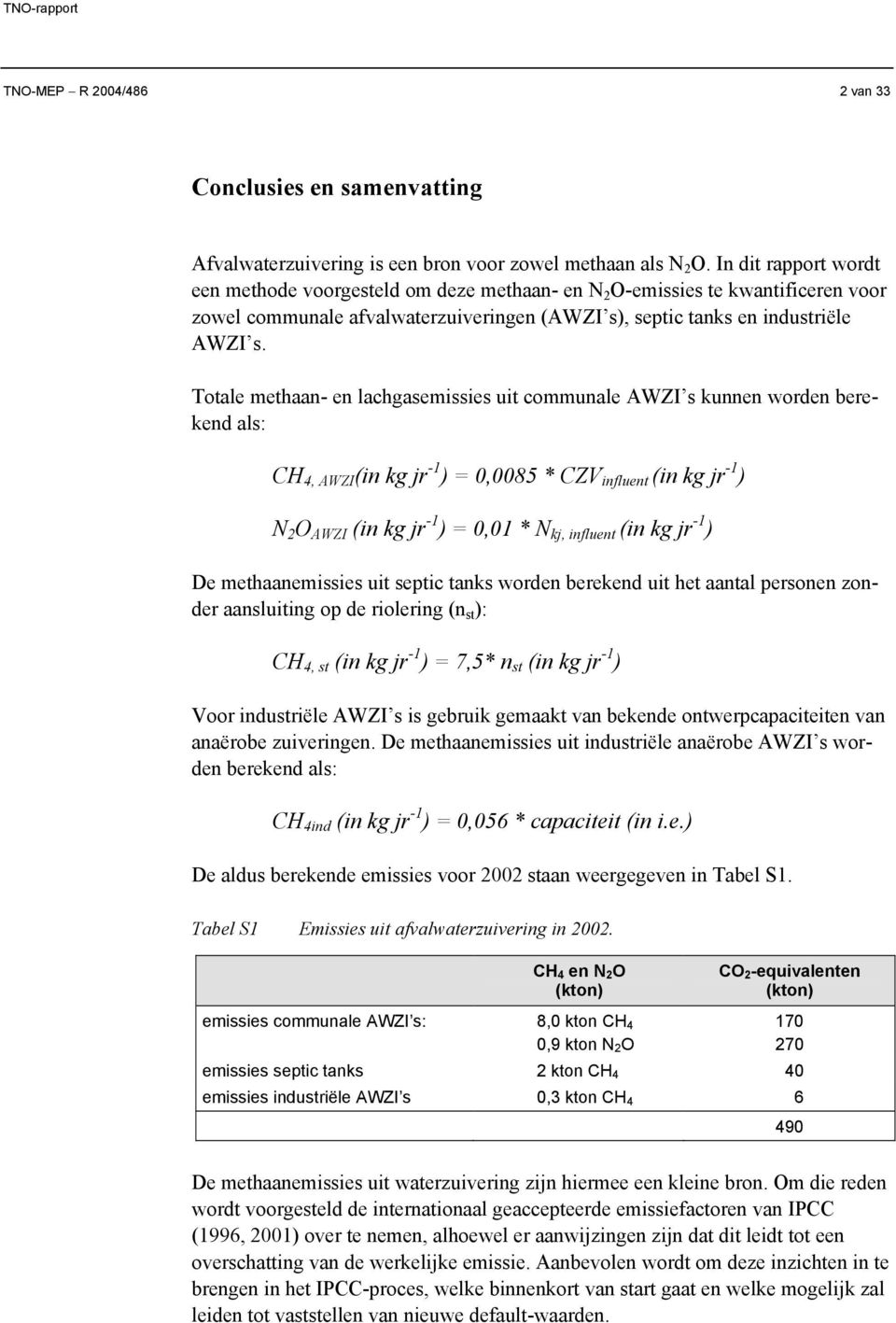 Totale methaan- en lachgasemissies uit communale AWZI s kunnen worden berekend als: CH 4, AWZI (in kg jr -1 ) = 0,0085 * CZV influent (in kg jr -1 ) N 2 O AWZI (in kg jr -1 ) = 0,01 * N kj, influent