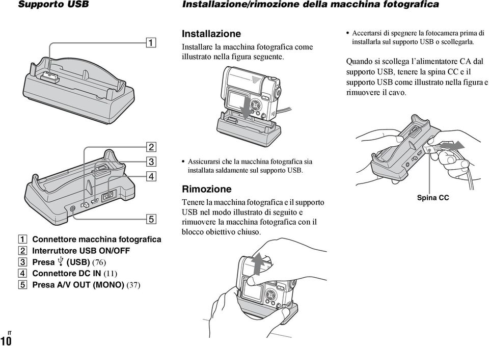 Quando si scollega l alimentatore CA dal supporto USB, tenere la spina CC e il supporto USB come illustrato nella figura e rimuovere il cavo.