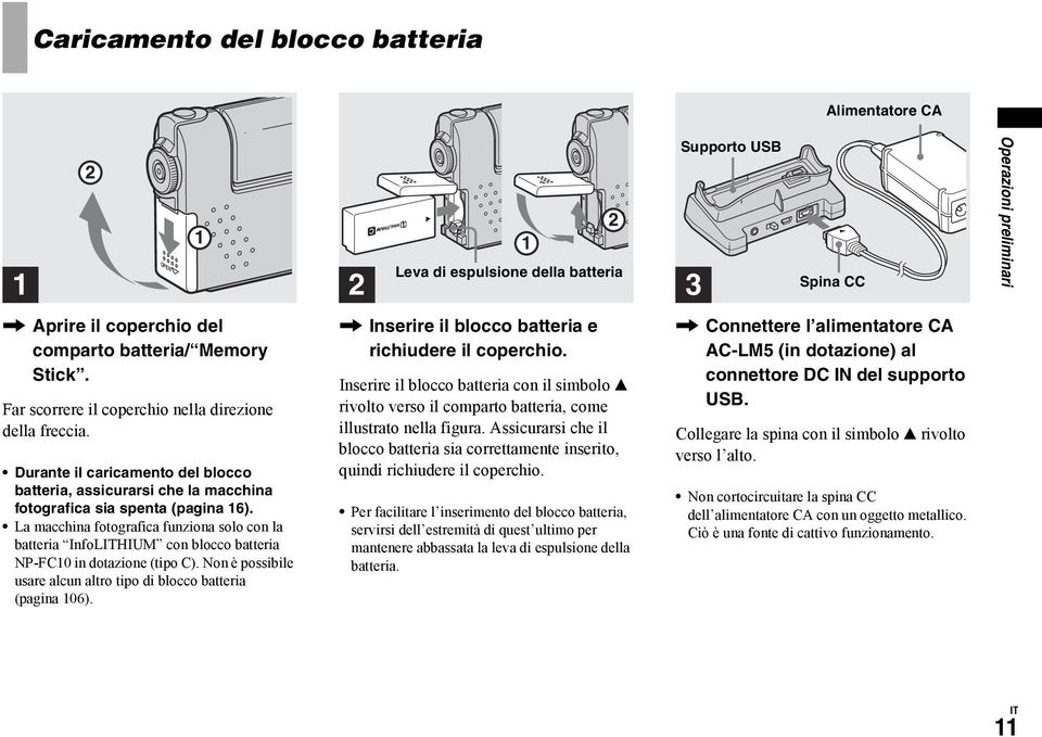 La macchina fotografica funziona solo con la batteria InfoLITHIUM con blocco batteria NP-FC10 in dotazione (tipo C). Non è possibile usare alcun altro tipo di blocco batteria (pagina 106).