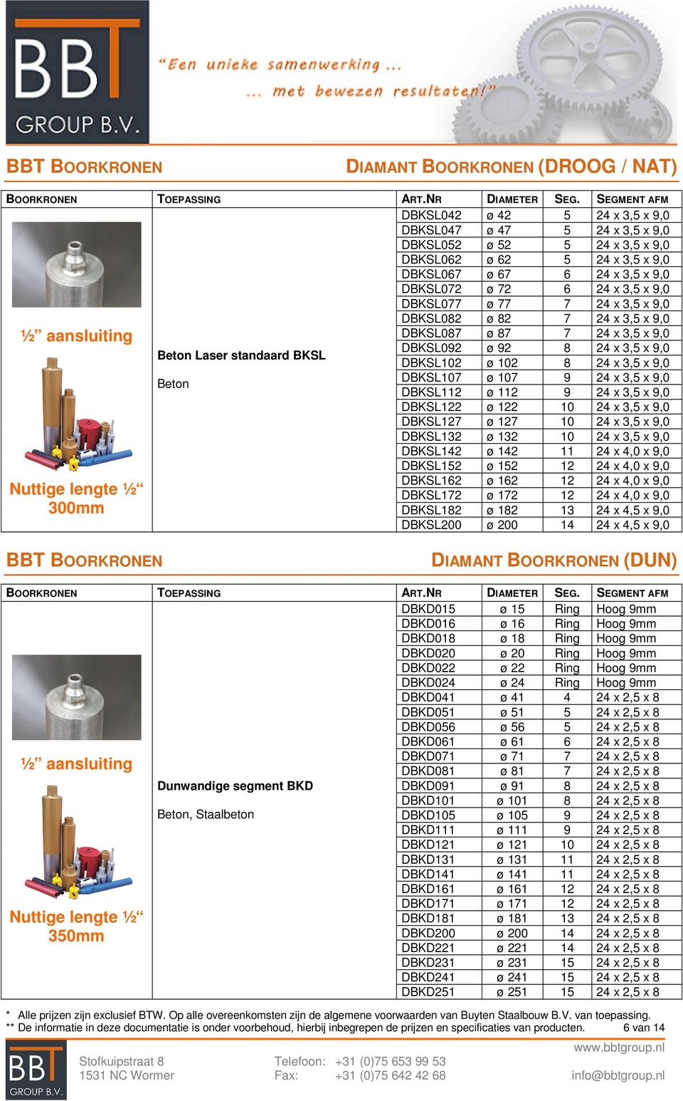 DBKSL077 ø 77 7 24 x 3,5 x 9,0 DBKSL082 ø 82 7 24 x 3,5 x 9,0 ½ aansluiting Nuttige lengte ½ 300mm Beton Laser standaard BKSL Beton DBKSL087 ø 87 7 24 x 3,5 x 9,0 DBKSL092 ø 92 8 24 x 3,5 x 9,0