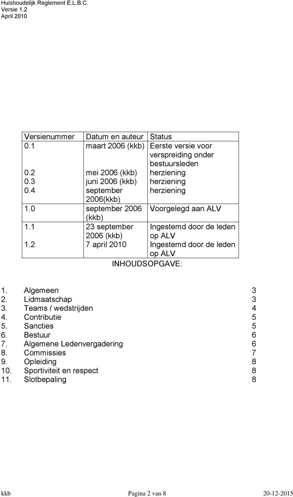 2 7 april 2010 Eerste versie voor verspreiding onder bestuursleden herziening herziening herziening op ALV INHOUDSOPGAVE: Voorgelegd aan ALV Ingestemd