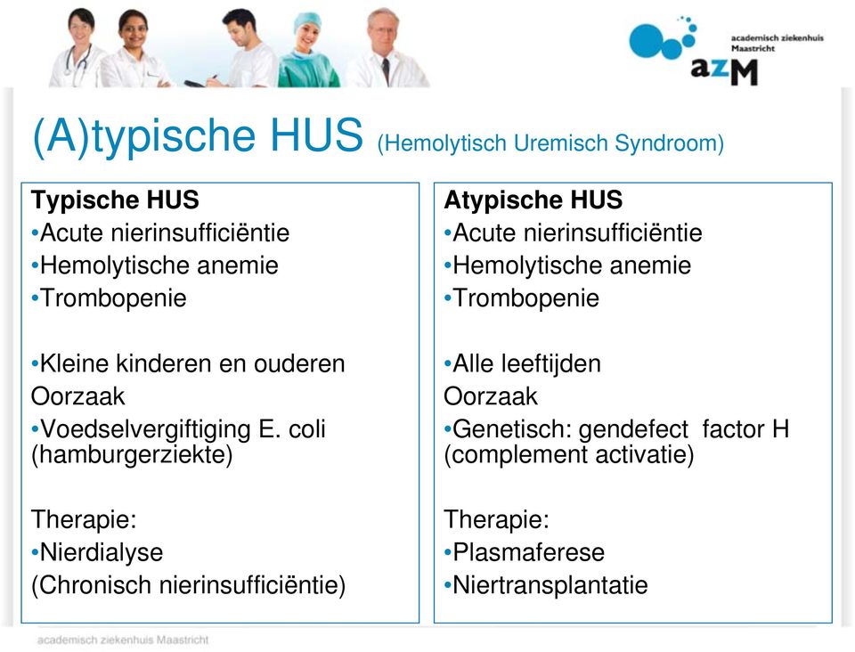 coli (hamburgerziekte) Therapie: Nierdialyse (Chronisch nierinsufficiëntie) Atypische HUS Acute
