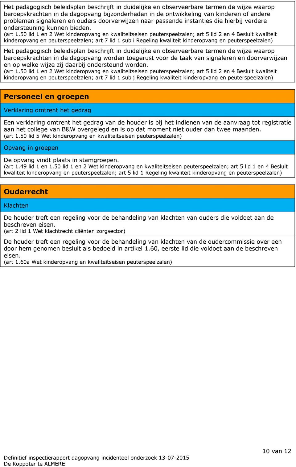 kinderopvang en peuterspeelzalen; art 7 lid 1 sub i Regeling kwaliteit kinderopvang en peuterspeelzalen) Het pedagogisch beleidsplan beschrijft in duidelijke en observeerbare termen de wijze waarop