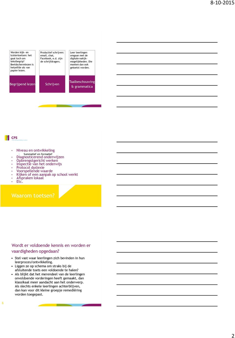 Begrijpend lezen Schrijven Taalbeschouwing & grammatica Niveau en ontwikkeling Summatief en formatief Diagnosticerend onderwijzen Opbrengstgericht werken Voorspellende waarde Kijken of een aanpak op