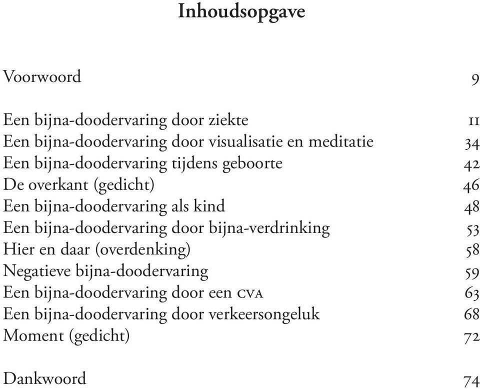 48 Een bijna-doodervaring door bijna-verdrinking 53 Hier en daar (overdenking) 58 Negatieve bijna-doodervaring 59