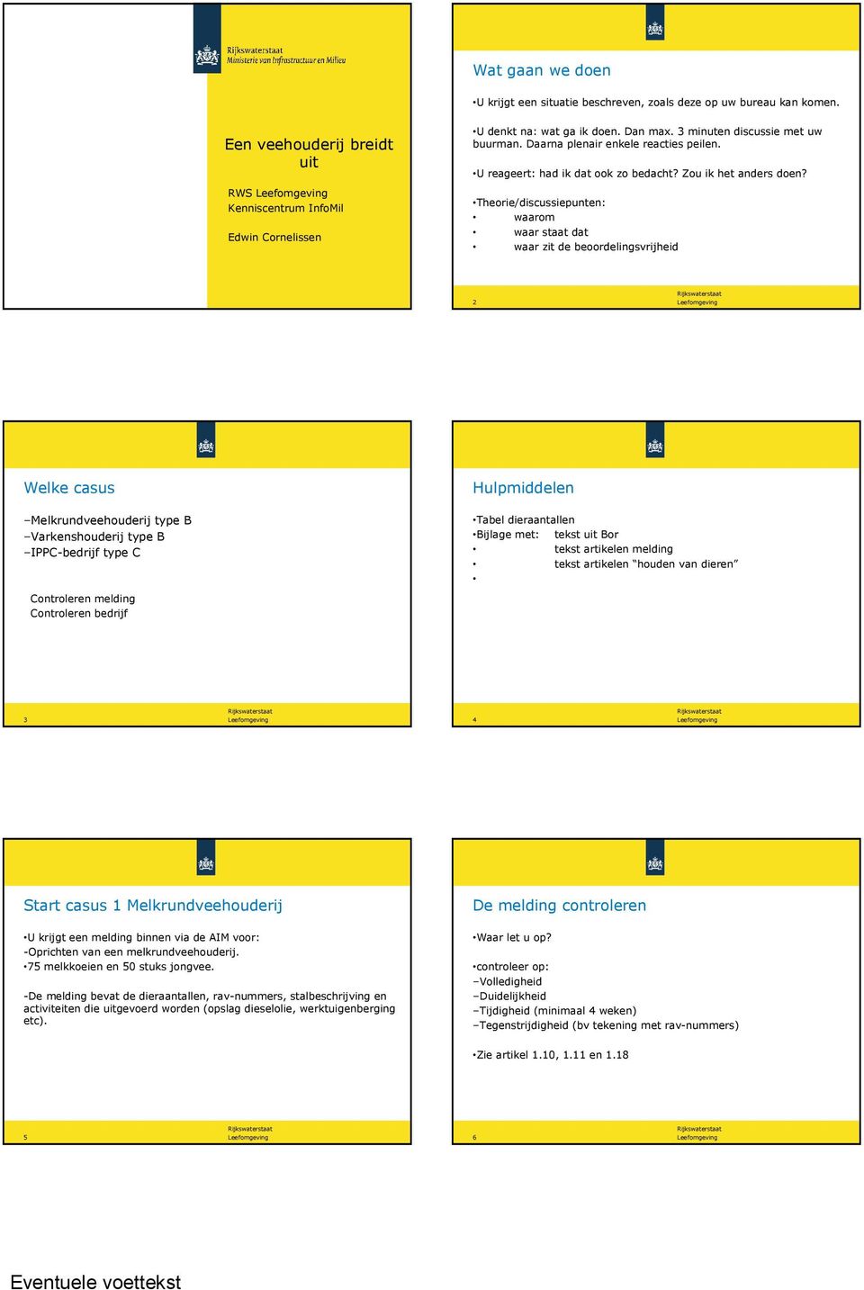 Theorie/discussiepunten: waarom waar staat dat waar zit de beoordelingsvrijheid 2 Leefomgeving Welke casus Melkrundveehouderij type B Varkenshouderij type B IPPC-bedrijf type C Controleren melding