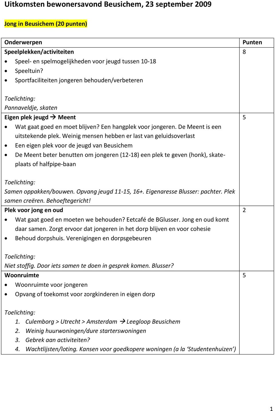 Weinig mensen hebben er last van geluidsoverlast Een eigen plek voor de jeugd van Beusichem De Meent beter benutten om jongeren (-8) een plek te geven (honk), skateplaats of halfpipe-baan Samen