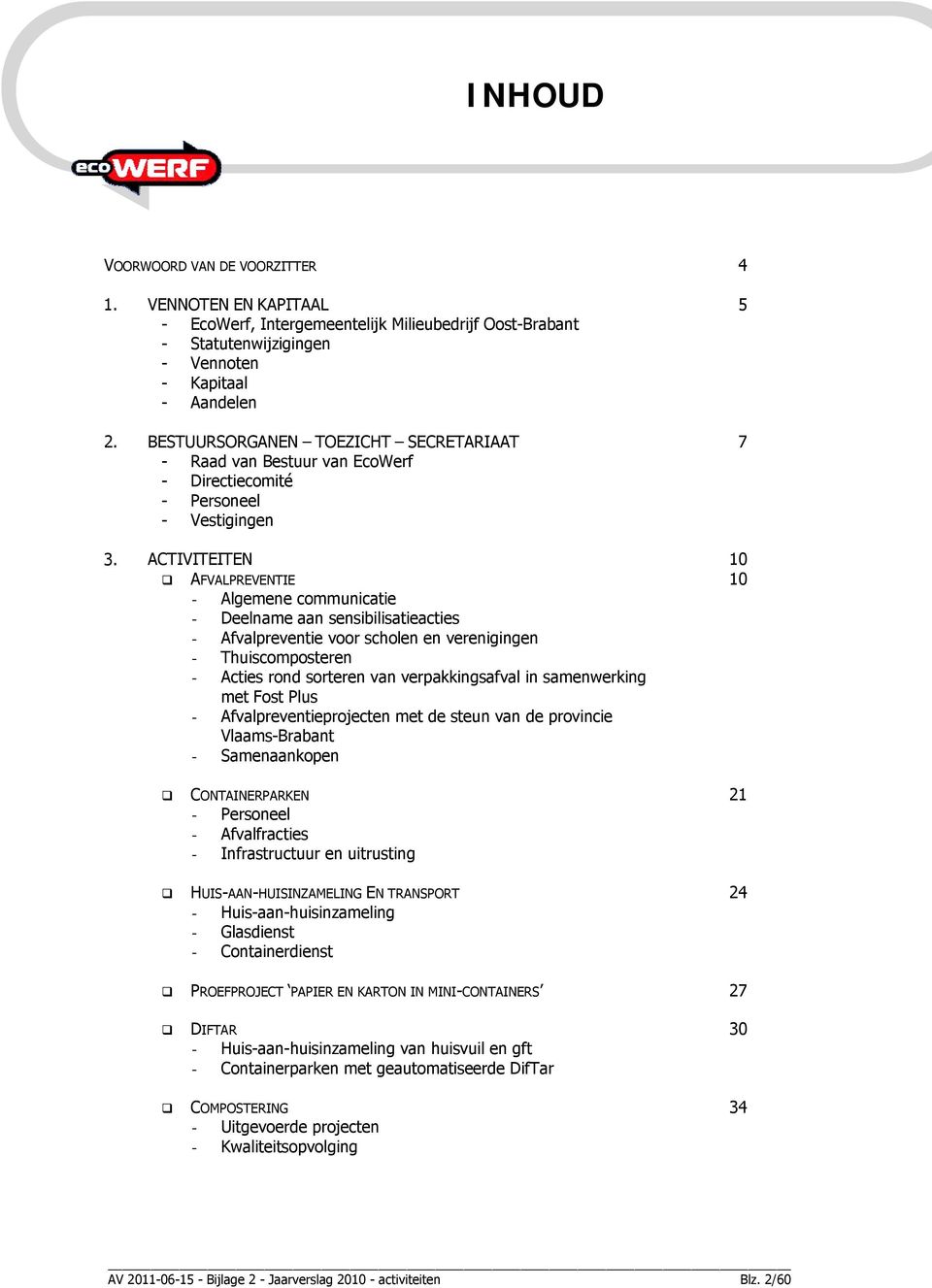 BESTUURSORGANEN TOEZICHT SECRETARIAAT 7 - Raad van Bestuur van EcoWerf - Directiecomité - Personeel - Vestigingen 3.