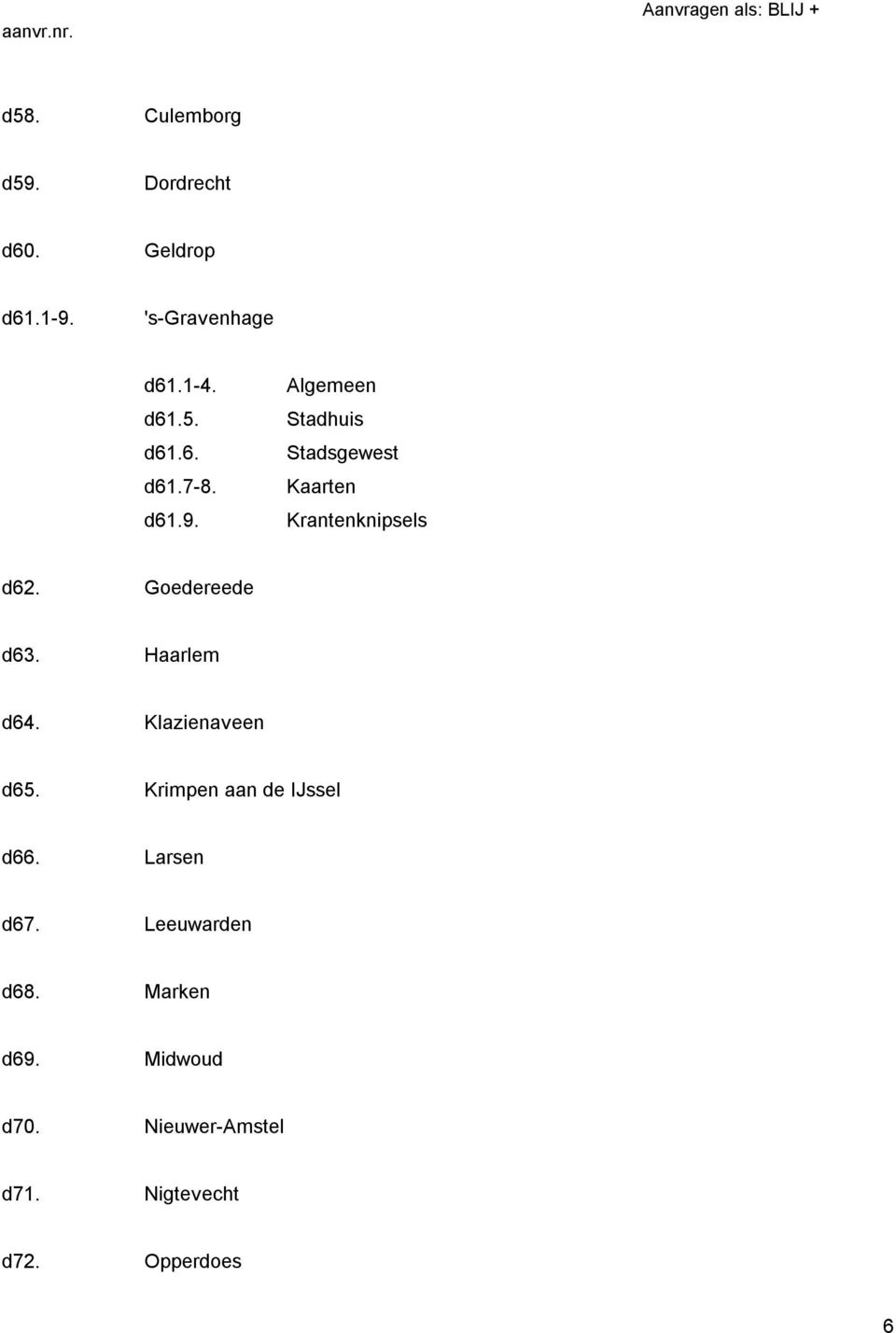 Haarlem d64. Klazienaveen d65. Krimpen aan de IJssel d66. Larsen d67. Leeuwarden d68.