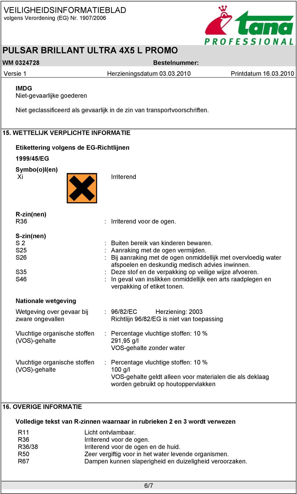 bij zware ongevallen Vluchtige organische stoffen (VOS)-gehalte Vluchtige organische stoffen (VOS)-gehalte : Irriterend voor de ogen. : Buiten bereik van kinderen bewaren.