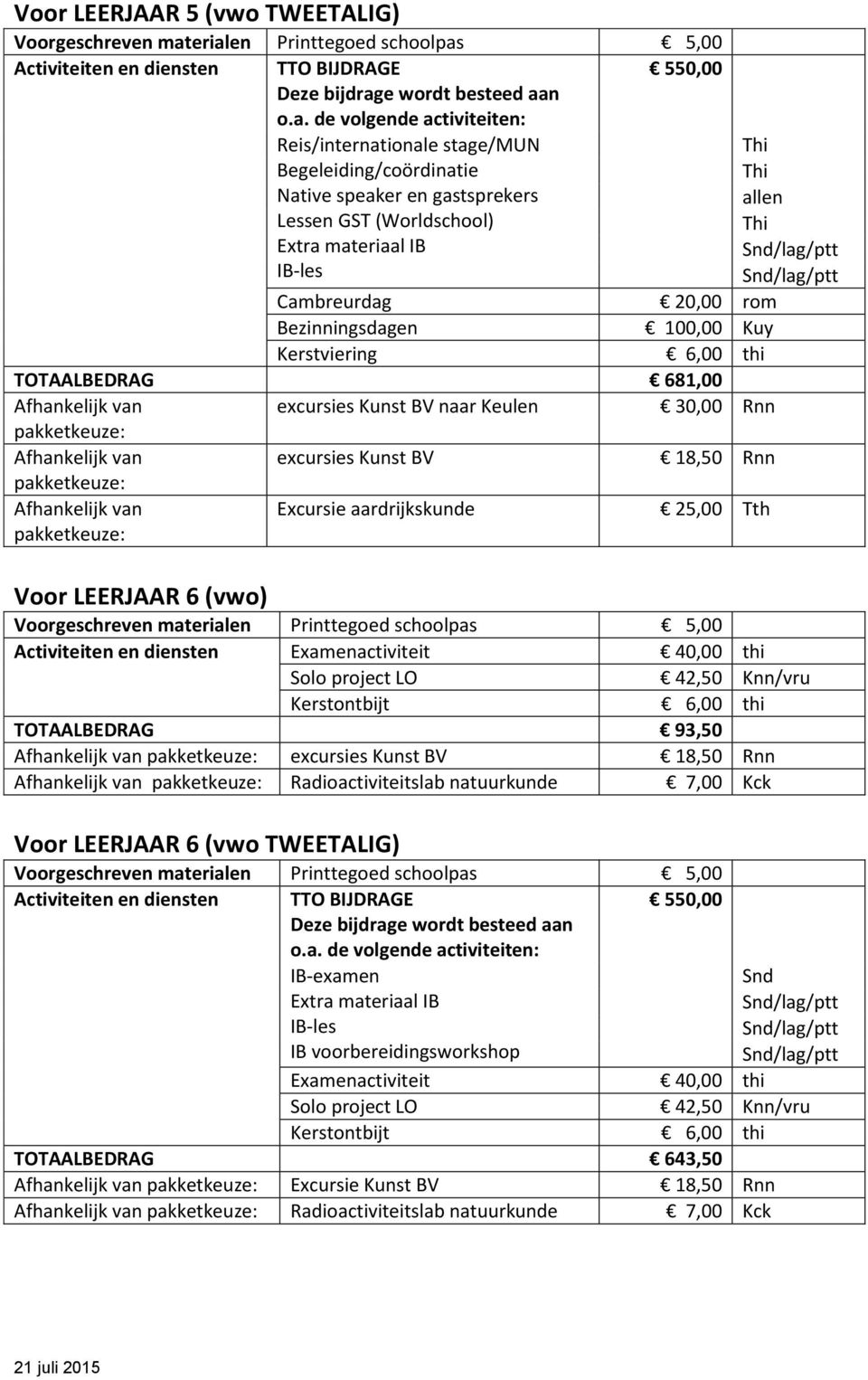 aardrijkskunde 25,00 Tth Thi Thi allen Thi Snd/lag/ptt Snd/lag/ptt Voor LEERJAAR 6 (vwo) Activiteiten en diensten Examenactiviteit 40,00 thi Solo project LO 42,50 Knn/vru Kerstontbijt 6,00 thi