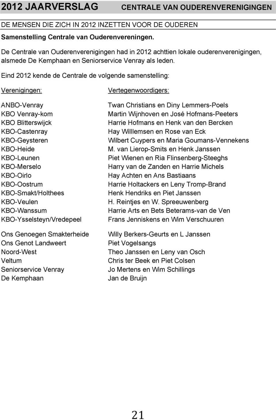 Eind 2012 kende de Centrale de volgende samenstelling: Verenigingen: ANBO-Venray KBO Venray-kom KBO Blitterswijck KBO-Castenray KBO-Geysteren KBO-Heide KBO-Leunen KBO-Merselo KBO-Oirlo KBO-Oostrum