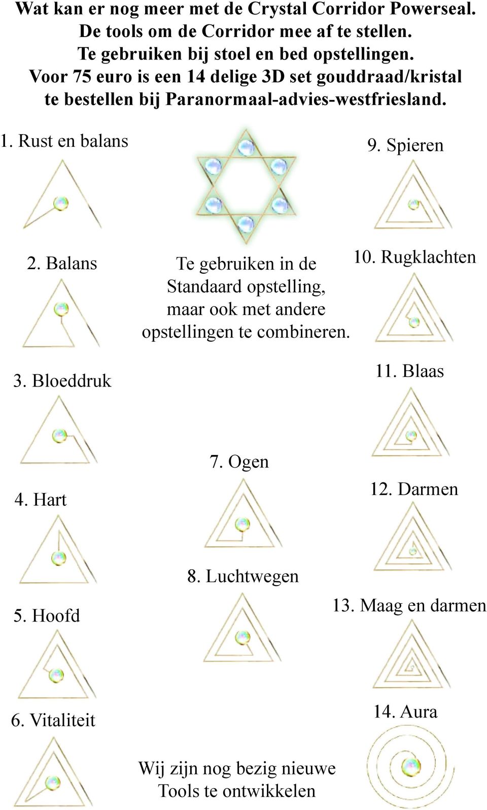 Voor 75 euro is een 14 delige 3D set gouddraad/kristal te bestellen bij Paranormaal-advies-westfriesland. 1. Rust en balans 9. Spieren 2.