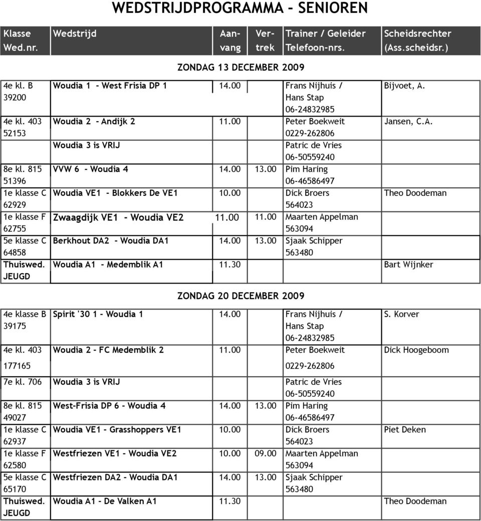 815 VVW 6 - Woudia 4 14.00 13.00 Pim Haring 51396 06-46586497 1e klasse C Woudia VE1 - Blokkers De VE1 10.00 Dick Broers Theo Doodeman 62929 564023 1e klasse F Zwaagdijk VE1 - Woudia VE2 11.00 11.