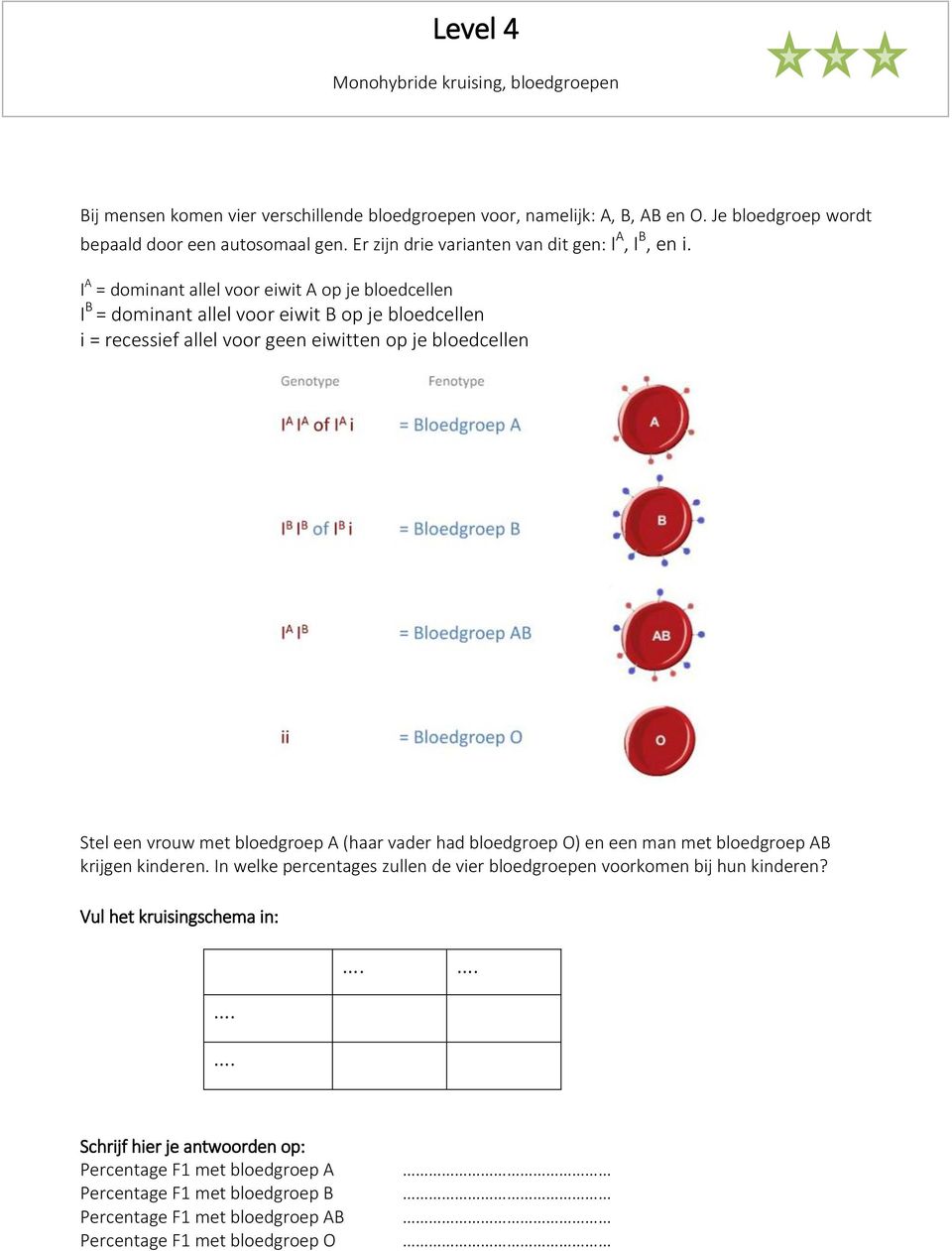 I A = dominant allel voor eiwit A op je bloedcellen I B = dominant allel voor eiwit B op je bloedcellen i = recessief allel voor geen eiwitten op je bloedcellen Stel een