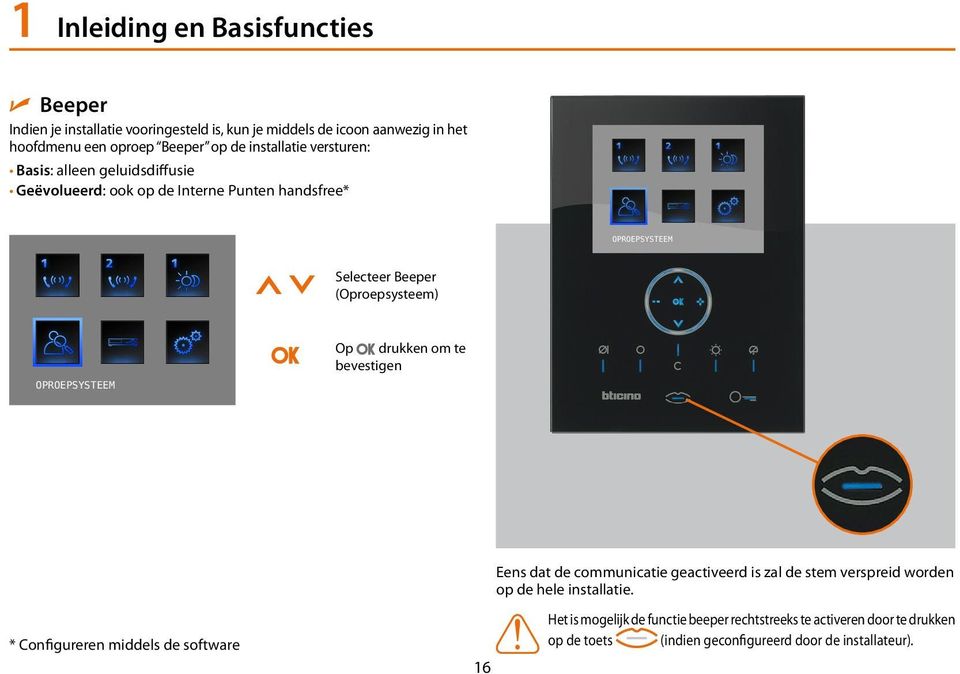 OPROEPSYSTEEM Op drukken om te bevestigen * Configureren middels de software 16 Eens dat de communicatie geactiveerd is zal de stem verspreid