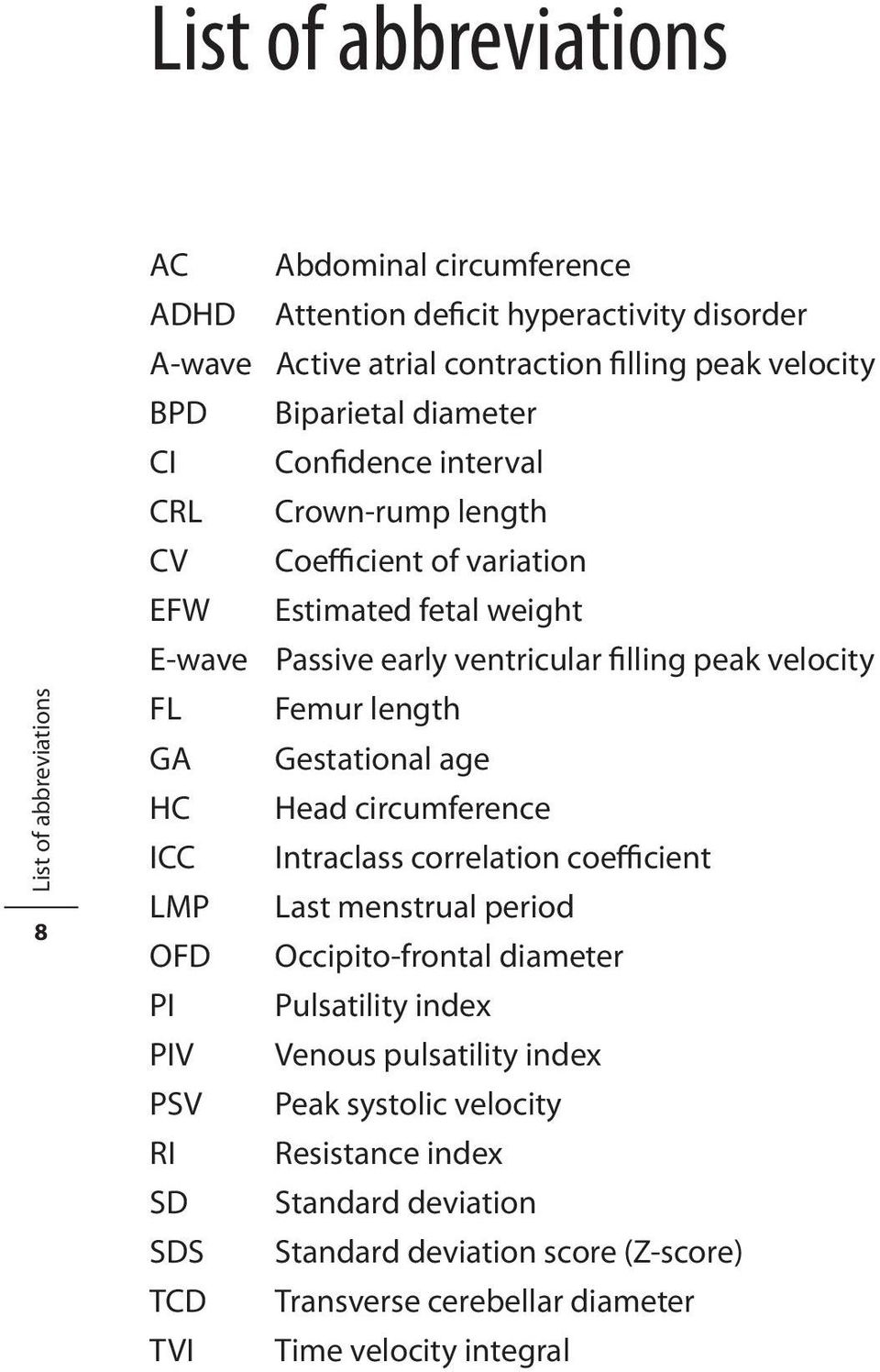 Femur length GA Gestational age HC Head circumference ICC Intraclass correlation coefficient LMP Last menstrual period OFD Occipito-frontal diameter PI Pulsatility index PIV Venous