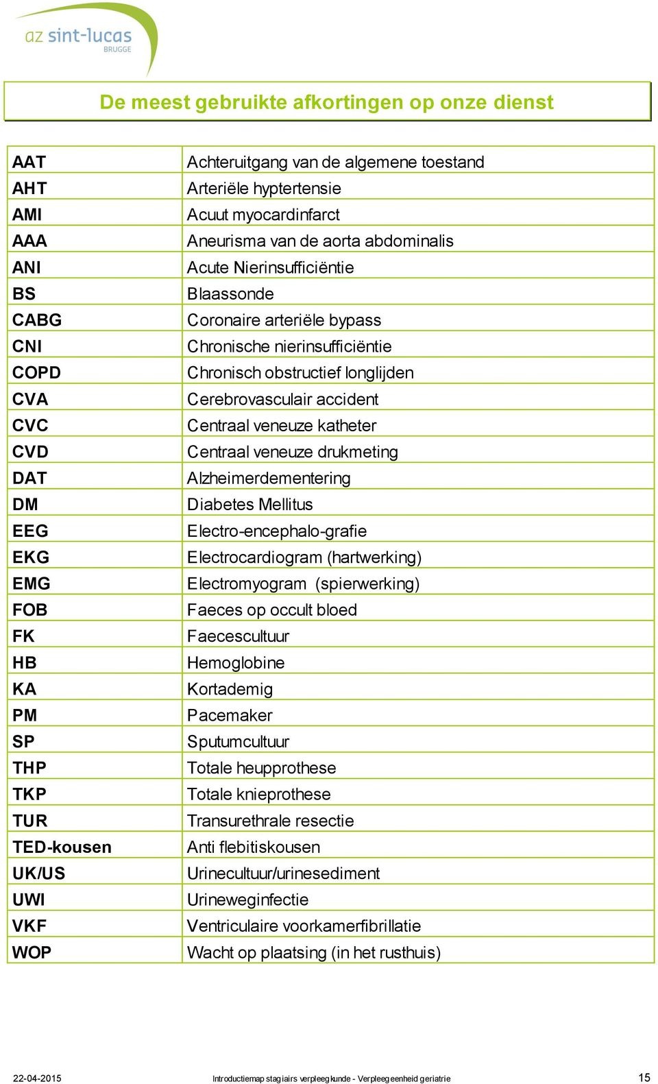 obstructief longlijden Cerebrovasculair accident Centraal veneuze katheter Centraal veneuze drukmeting Alzheimerdementering Diabetes Mellitus Electro-encephalo-grafie Electrocardiogram (hartwerking)