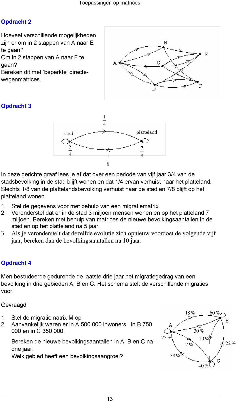 Slechts /8 van de plattelandsbevolking verhuist naar de stad en 7/8 blijft op het platteland wonen.. Stel de gegevens voor met behulp van een migratiematrix. 2.