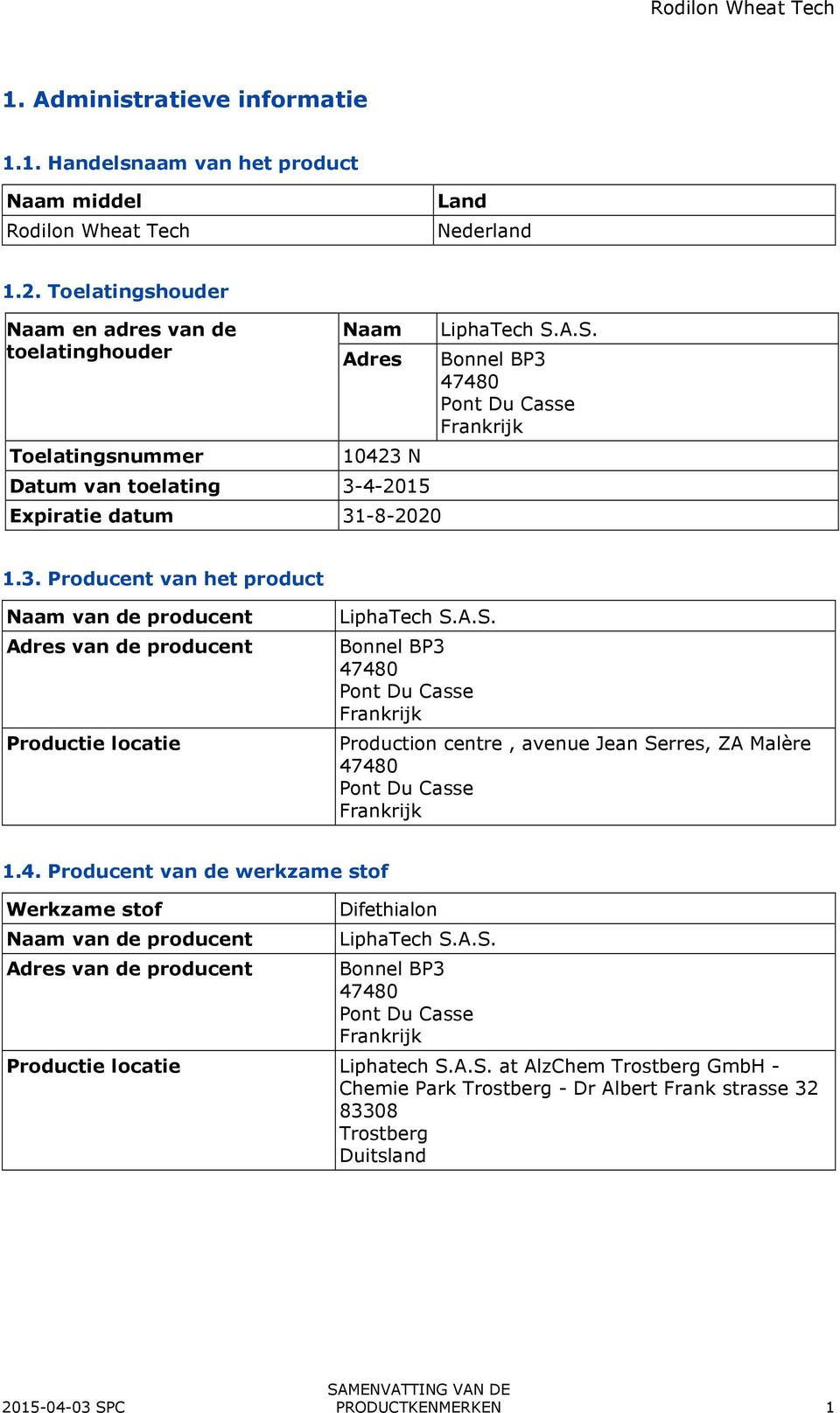 10423 N Datum van toelating 3-4-2015 Expiratie datum 31-8-2020 1.3. Producent van het product Naam van de producent Adres van de producent Productie locatie LiphaTech S.