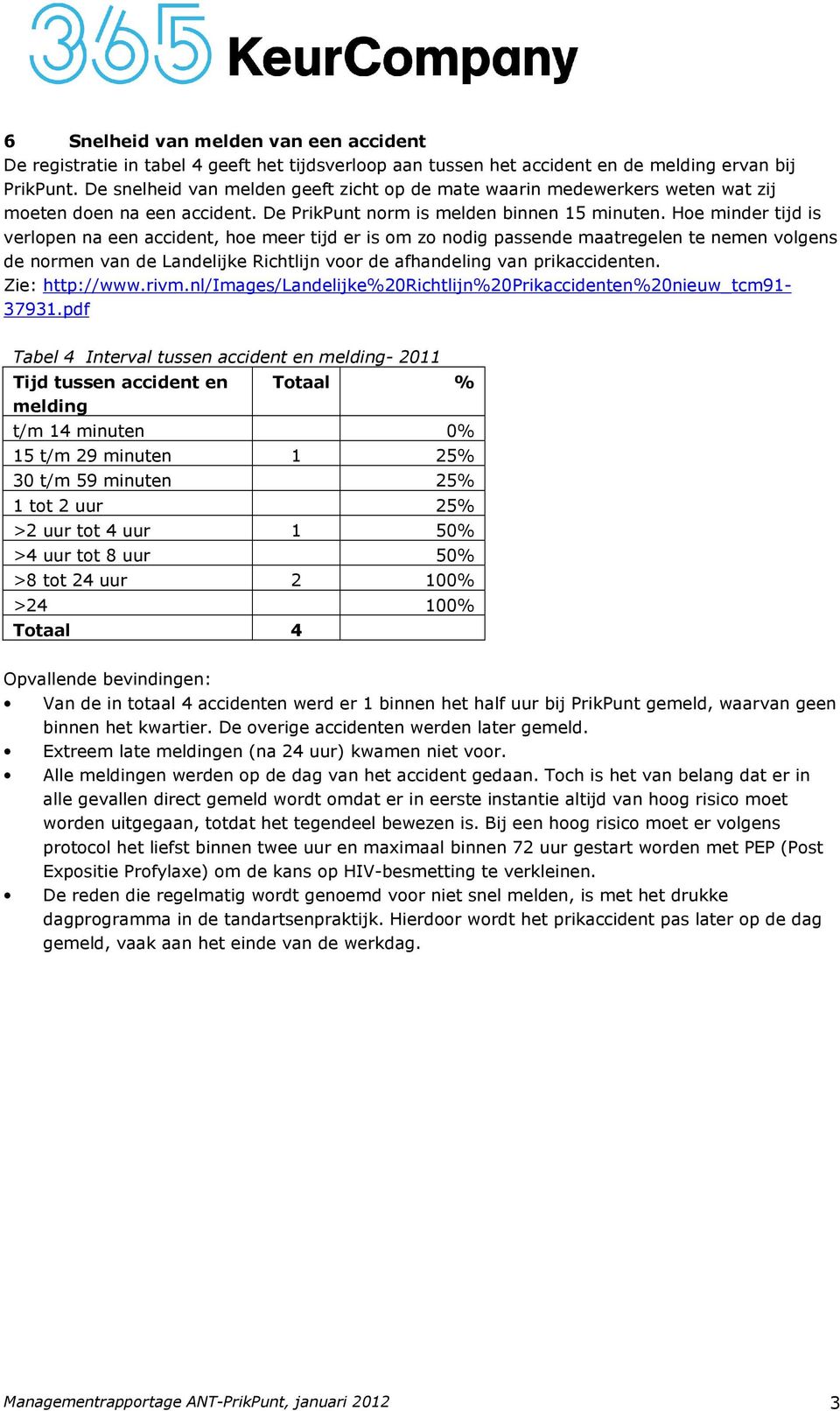 Hoe minder tijd is verlopen na een accident, hoe meer tijd er is om zo nodig passende maatregelen te nemen volgens de normen van de Landelijke Richtlijn voor de afhandeling van prikaccidenten.