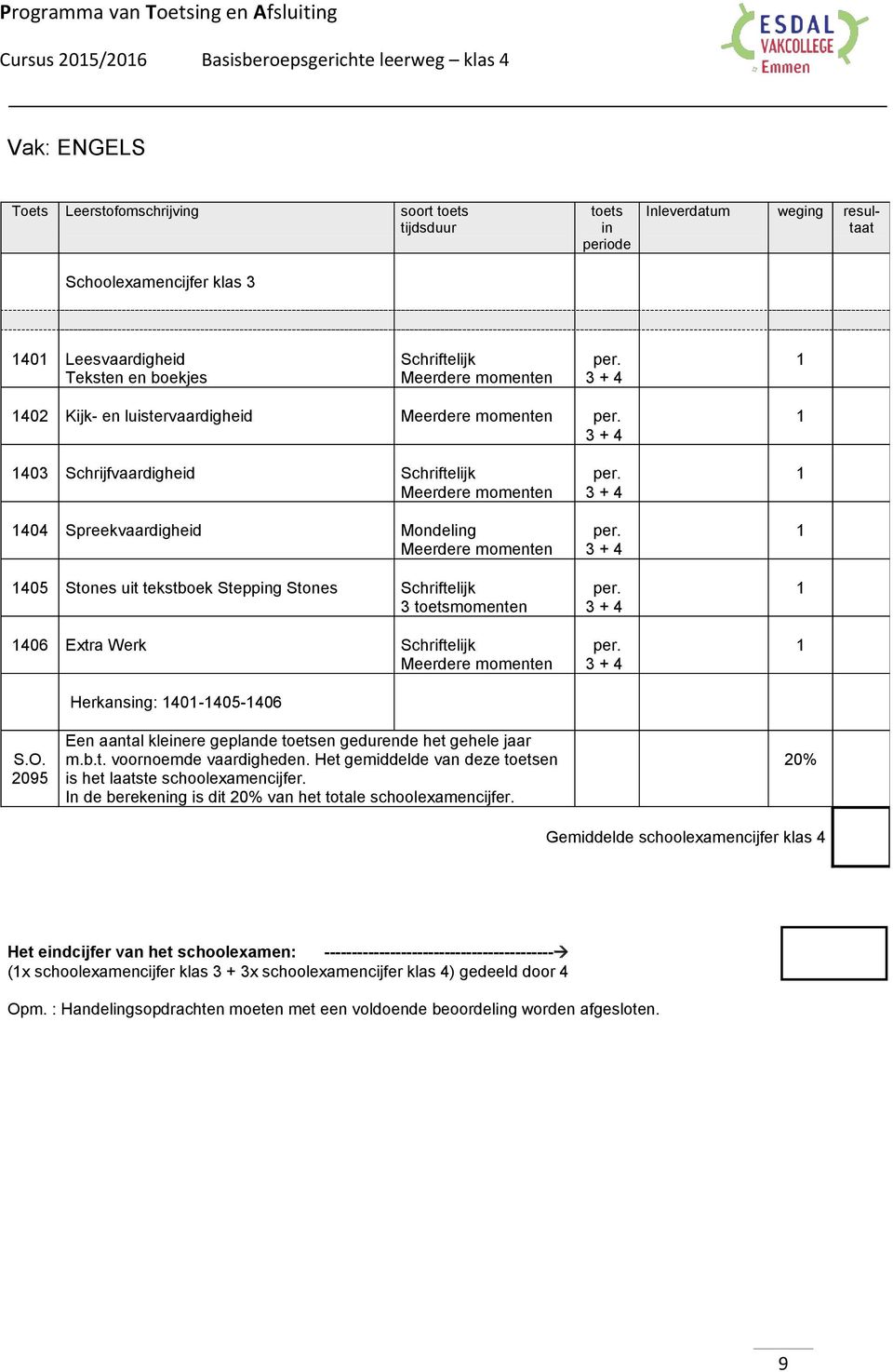 tekstboek Steppg Stones Schriftelijk toetsmomenten 06 Extra Werk Schriftelijk Meerdere momenten Herkansg: 0-05-06 + + + + S.O. 2095 Een aantal kleere geplande toetsen gedurende het gehele jaar m.b.t. voornoemde vaardigheden.