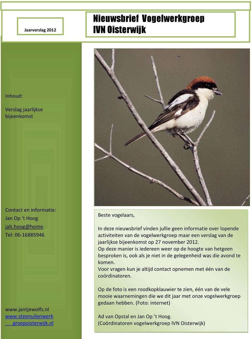 nl Beste vogelaars, In deze nieuwsbrief vinden jullie geen informatie over lopende activiteiten van de vogelwerkgroep maar een verslag van de jaarlijkse bijeenkomst op 27 november 2012.