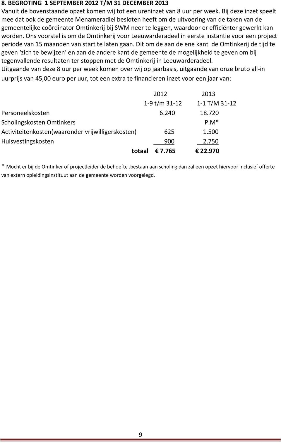 gewerkt kan worden. Ons voorstel is om de Omtinkerij voor Leeuwarderadeel in eerste instantie voor een project periode van 15 maanden van start te laten gaan.