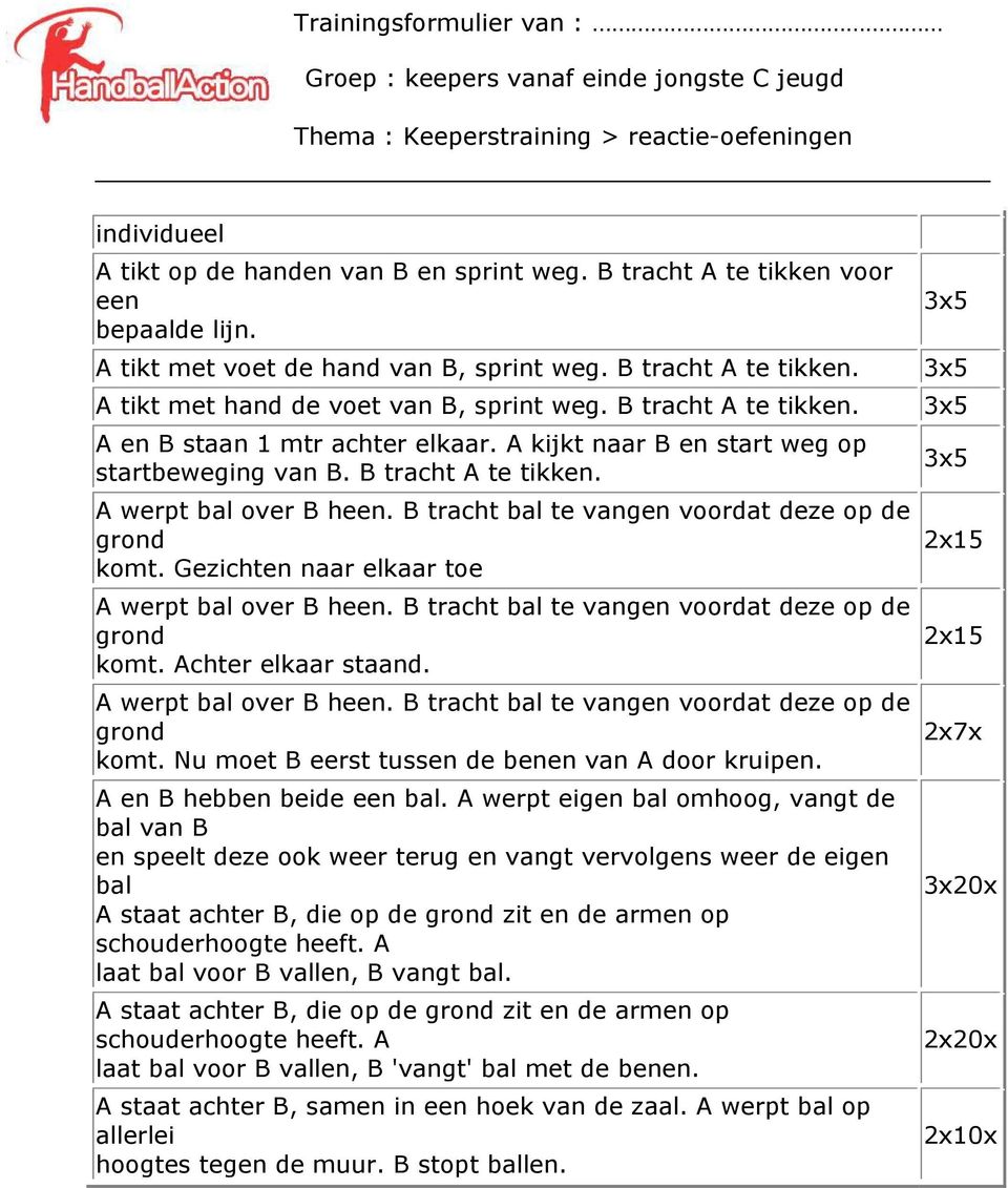 A kijkt naar B en start weg op startbeweging van B. B tracht A te tikken. A werpt bal over B heen. B tracht bal te vangen voordat deze op de grond komt.