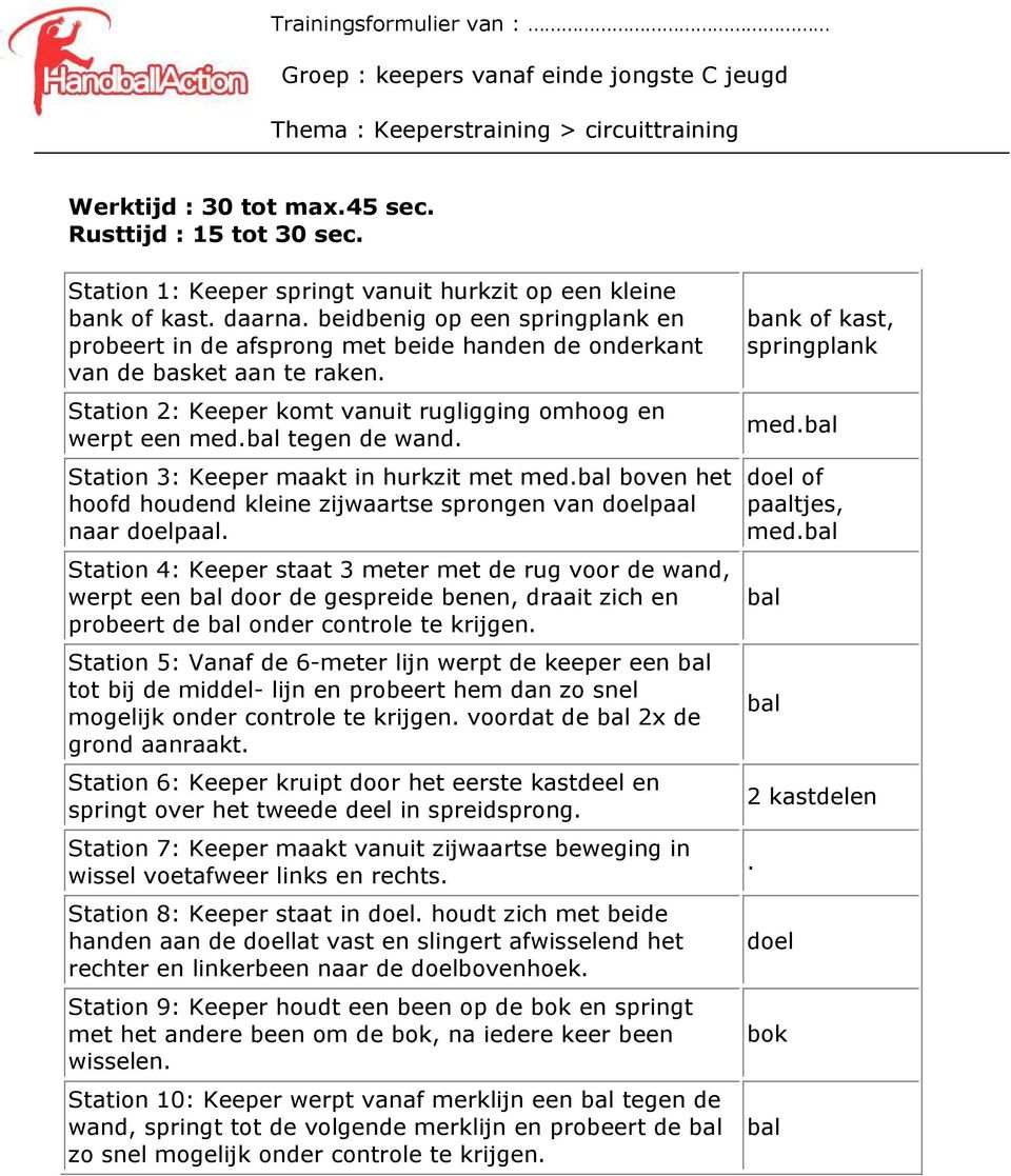 Station 2: Keeper komt vanuit rugligging omhoog en werpt een med.bal tegen de wand. Station 3: Keeper maakt in hurkzit met med.