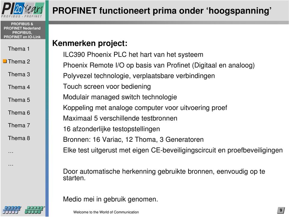 uitvoering proef Maximaal 5 verschillende testbronnen 16 afzonderlijke testopstellingen Bronnen: 16 Variac, 12 Thoma, 3 Generatoren Elke test