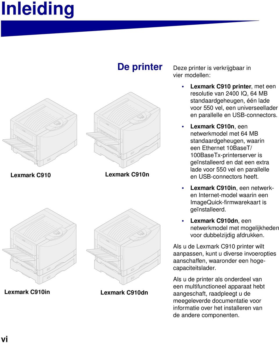 Lexmark C910n, een netwerkmodel met 64 MB standaardgeheugen, waarin een Ethernet 10BaseT/ 100BaseTx-printerserver is geïnstalleerd en dat een extra lade voor 550 vel en parallelle en USB-connectors