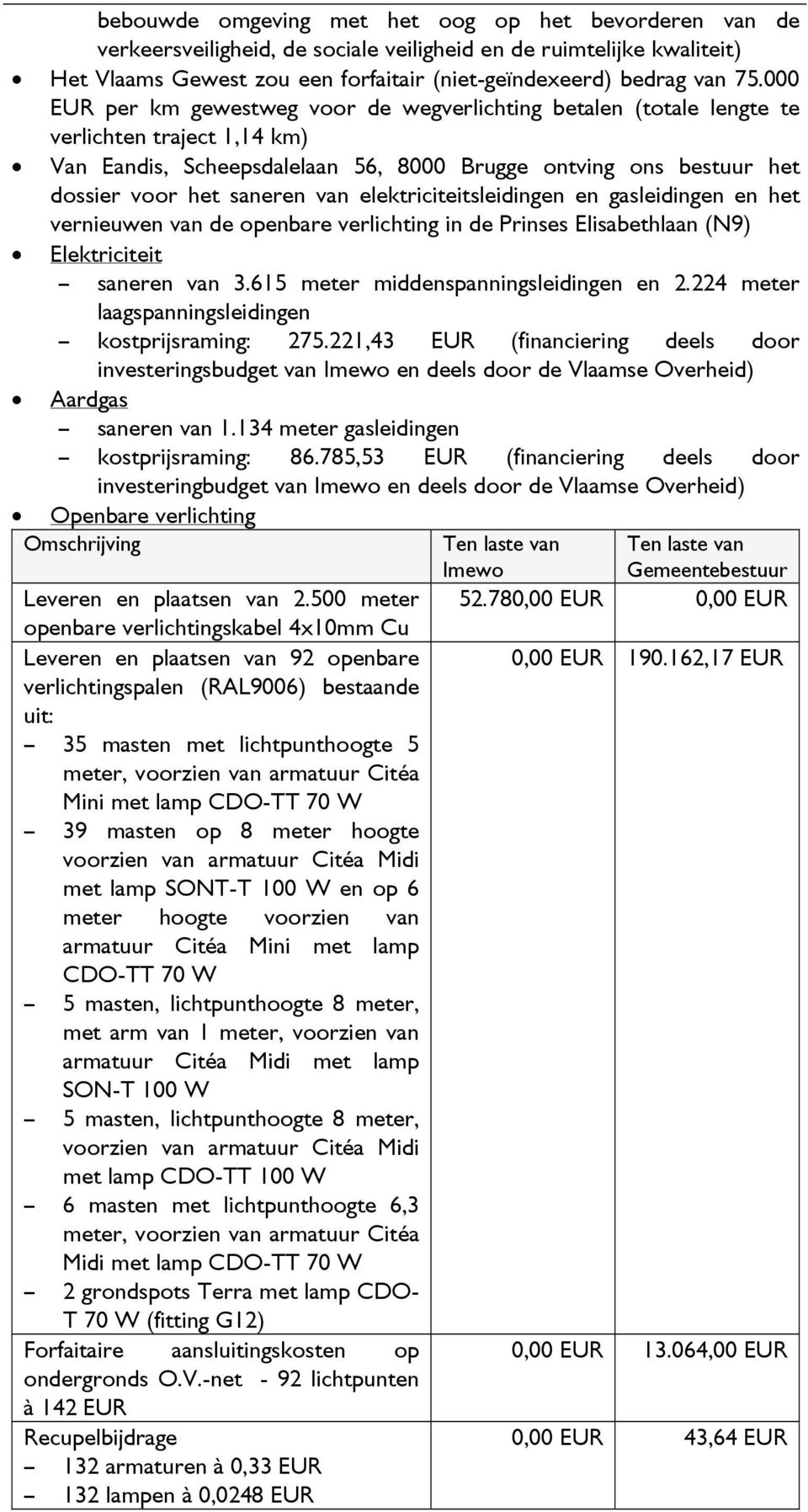 elektriciteitsleidingen en gasleidingen en het vernieuwen van de openbare verlichting in de Prinses Elisabethlaan (N9) Elektriciteit saneren van 3.615 meter middenspanningsleidingen en 2.