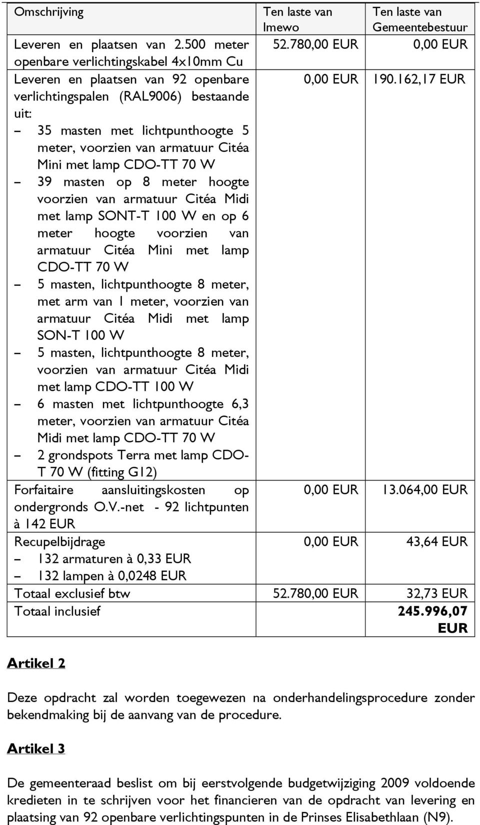 armatuur Citéa Mini met lamp CDO-TT 70 W met arm van 1 meter, voorzien van armatuur Citéa Midi met lamp SON-T 100 W met lamp CDO-TT 100 W 6 masten met lichtpunthoogte 6,3 Midi met lamp CDO-TT 70 W 2