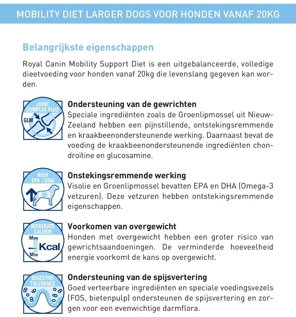 JOINT COMPLEX PLUS GLM HIGH EPA / DHA MODERATE CALORIE Max Min Kcal DIGESTIVE TOLERANCE Ondersteuning van de gewrichten Speciale ingrediënten zoals de Groenlipmossel uit Nieuw- Zeeland hebben een