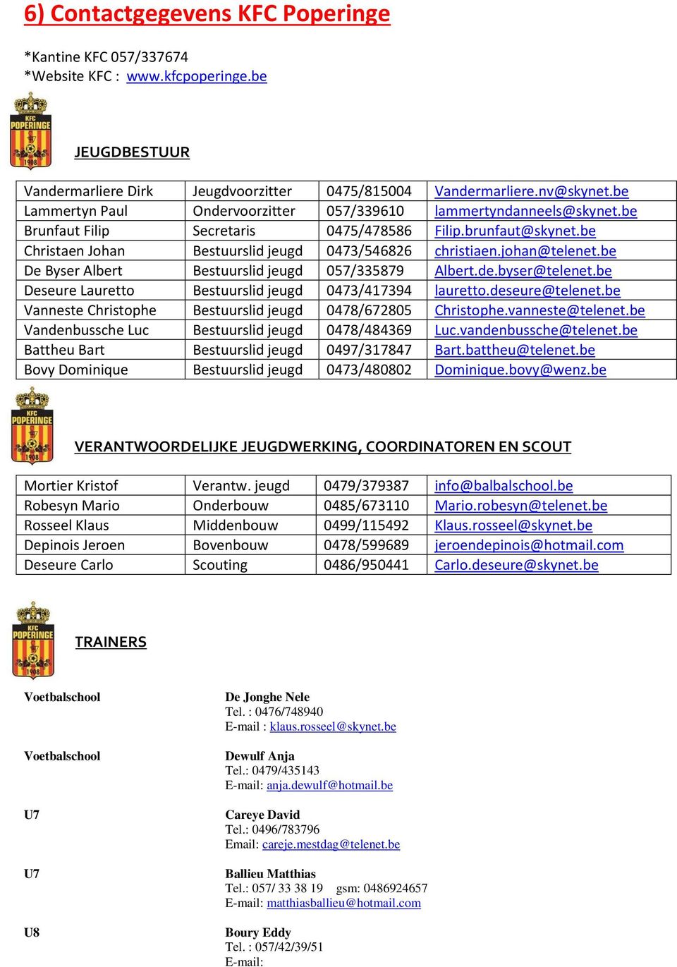 johan@telenet.be De Byser Albert Bestuurslid jeugd 057/335879 Albert.de.byser@telenet.be Deseure Lauretto Bestuurslid jeugd 0473/417394 lauretto.deseure@telenet.