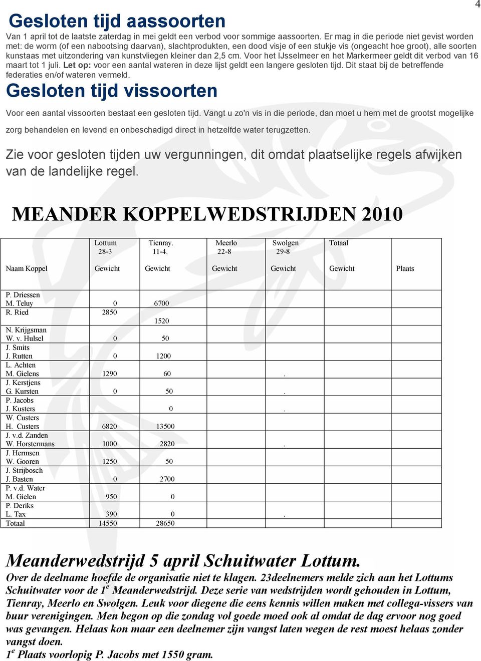kunstvliegen kleiner dan 2,5 cm. Voor het IJsselmeer en het Markermeer geldt dit verbod van 16 maart tot 1 juli. Let op: voor een aantal wateren in deze lijst geldt een langere gesloten tijd.
