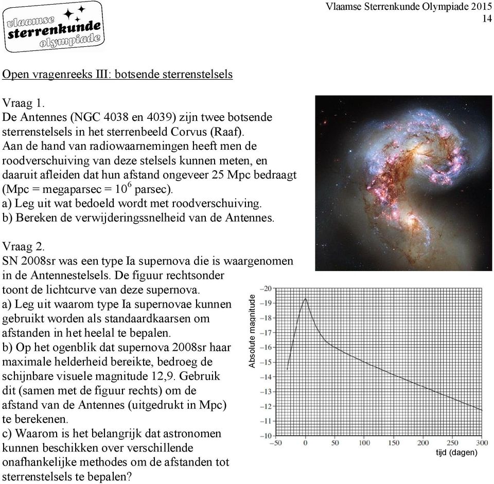 a) Leg uit wat bedoeld wordt met roodverschuiving. b) Bereken de verwijderingssnelheid van de Antennes. Vraag 2. SN 2008sr was een type Ia supernova die is waargenomen in de Antennestelsels.