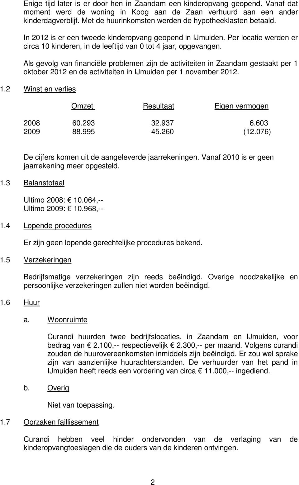 Als gevolg van financiële problemen zijn de activiteiten in Zaandam gestaakt per 1 oktober 2012 en de activiteiten in IJmuiden per 1 november 2012. 1.2 Winst en verlies Omzet Resultaat Eigen vermogen 2008 60.