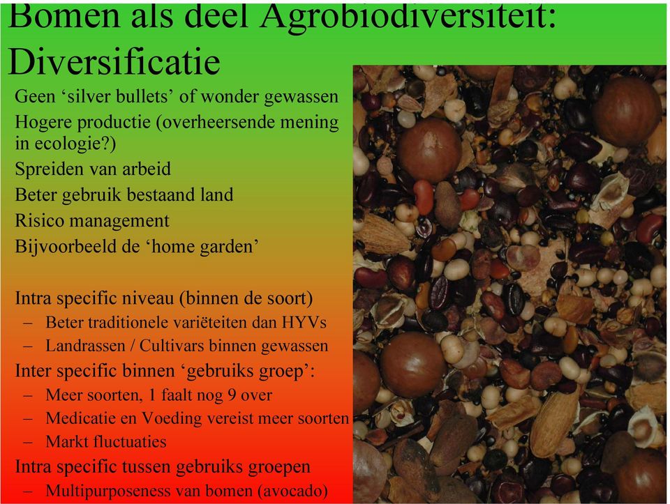 Beter traditionele variëteiten dan HYVs Landrassen / Cultivars binnen gewassen Inter specific binnen gebruiks groep : Meer soorten, 1 faalt