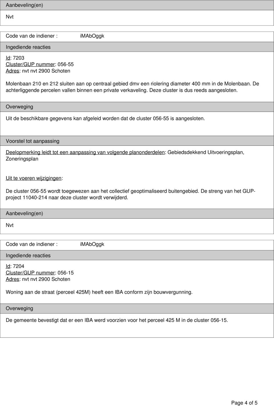 Deelopmerking leidt tot een aanpassing van volgende planonderdelen: Gebiedsdekkend Uitvoeringsplan, Zoneringsplan Uit te voeren wijzigingen: De cluster 056-55 wordt toegewezen aan het collectief