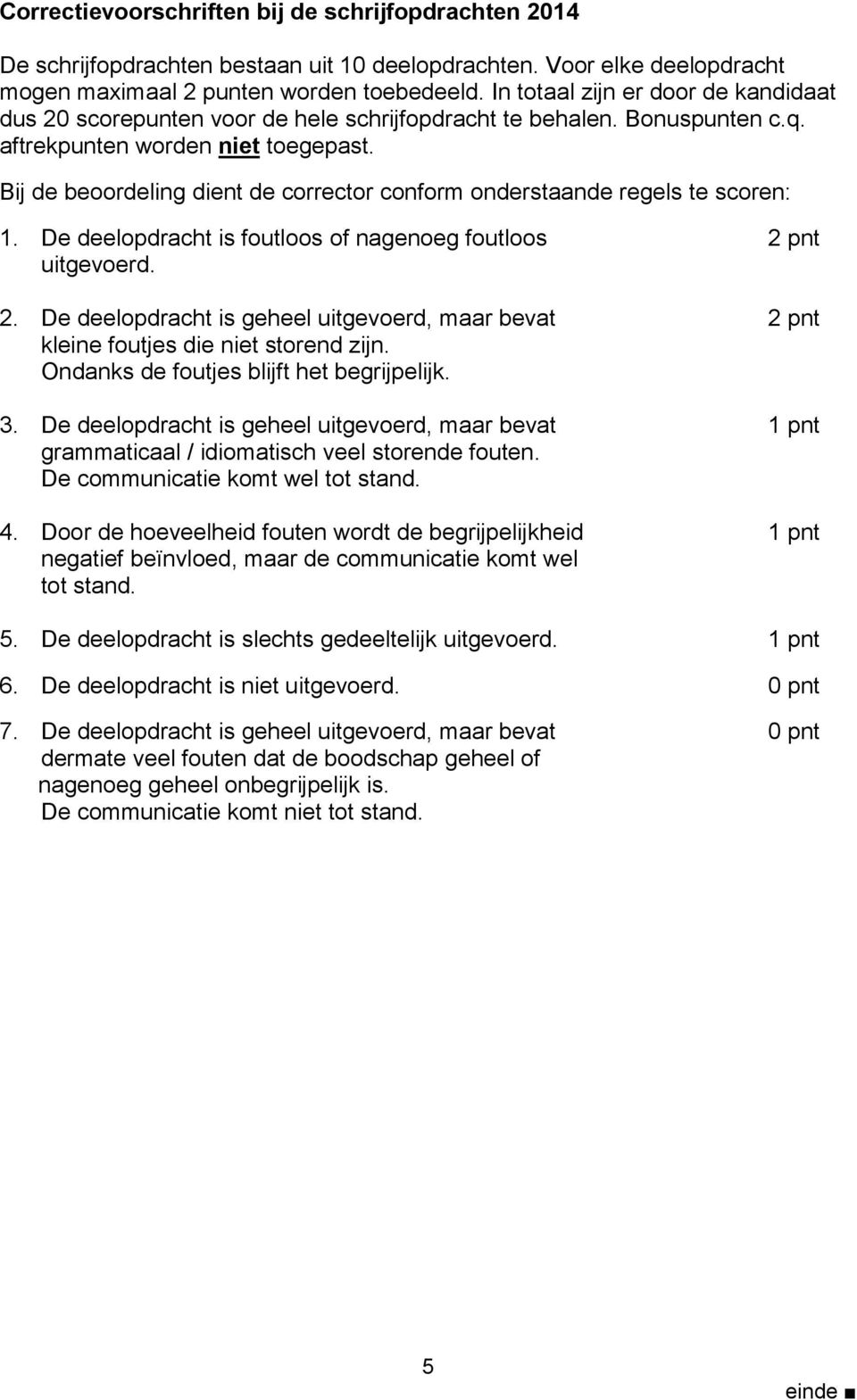 Bij de beoordeling dient de corrector conform onderstaande regels te scoren: 1. De deelopdracht is foutloos of nagenoeg foutloos 2 