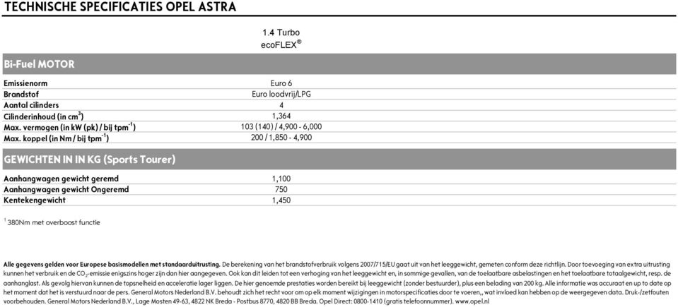 koppel (in Nm / bij tpm -1 ) 200 / 1,850-4,900 GEWICHTEN IN IN KG (Sports Tourer) Aanhangwagen gewicht geremd 1,100 Aanhangwagen gewicht Ongeremd 750 Kentekengewicht 1,450 1 380Nm met overboost