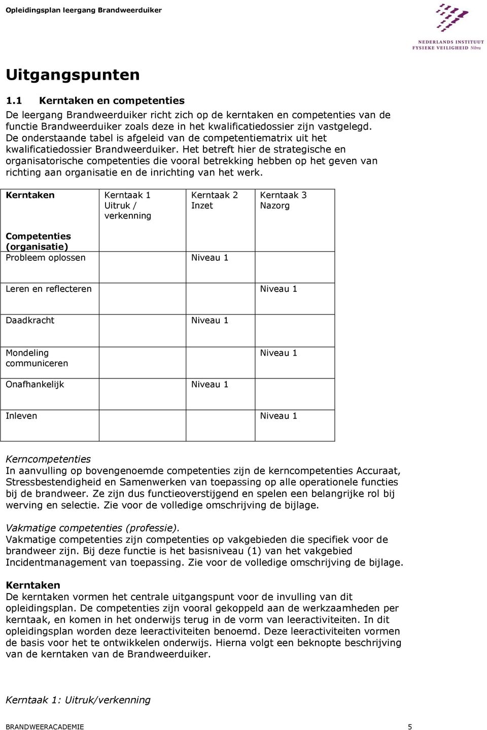 De onderstaande tabel is afgeleid van de competentiematrix uit het kwalificatiedossier Brandweerduiker.