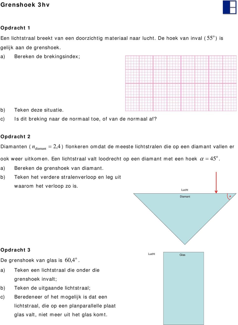 Een lichtstraal valt ldrecht p een diamant met een hek α = 45. a) Bereken de grenshek van diamant. b) Teken het verdere stralenverlp en leg uit waarm het verlp z is.