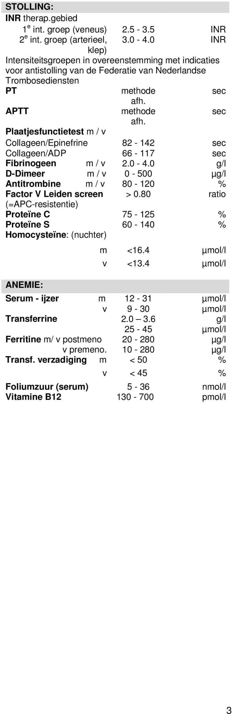 methode afh. sec sec Plaatjesfunctietest m / v Collageen/Epinefrine 82-142 sec Collageen/ADP 66-117 sec Fibrinogeen m / v 2.0-4.