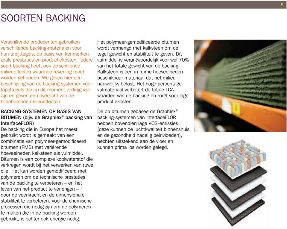 We geven hier een beschrijving van de backing-systemen voor tapijttegels die op dit moment verkrijgbaar zijn en geven een overzicht van de bijbehorende milieueffecten.